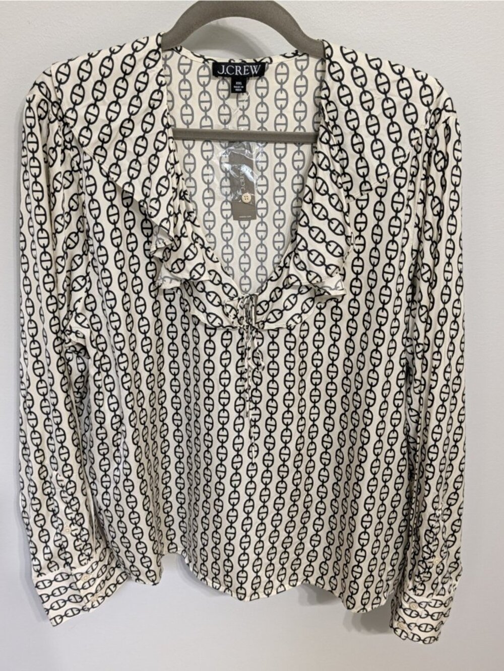 NWT J. Crew SZ XXL Goldie Top Blouse Chain Print Satin Ivory Black Ruffles